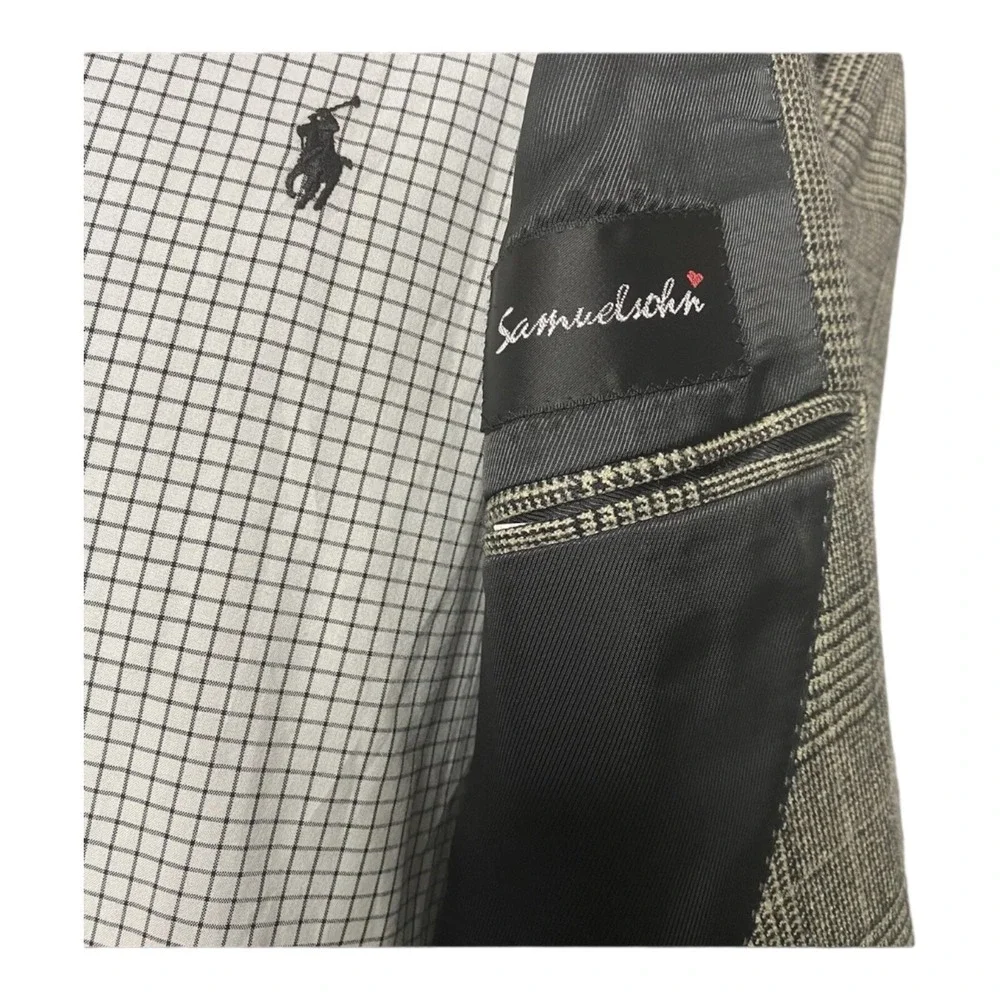 Samuelsohn Mens‎ Black & Tan Check Houndstooth Zealander Tweed Wool Blazer 42R